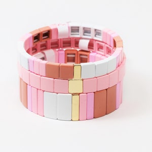 Large Tila Tile Stretchy Bracelet-Pink and White Stack- 7.5- Wholesale Pricing Enamel Tile Beads