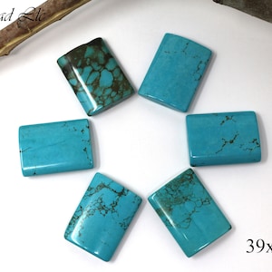 Pode incluir: Seis cabochões de turquesa, cada um medindo 39x30mm, com padrões variados de veios marrons. As pedras estão dispostas em um círculo sobre um fundo branco.