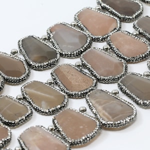 Moonstone Graduated Faceted Trapezoid Wrapped with Pave Rhinestones Size 23x16mm to 21x31mm 15.5&quot; Strand