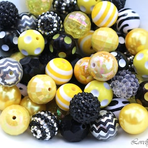 20mm Runde Schwarz und Gelb Mix Bubblegum Perlen, Chunky Perlen Mix, Bedruckte Perlen, Mädchen Halskette Perlen, DIY Perlen (20 Perlen)