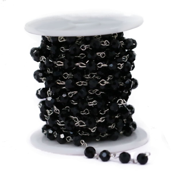 Lovely Bead Round Black Crystal Rosary Chain in Silver Wire ( 13 foot per Roll) (6mm & 8mm)