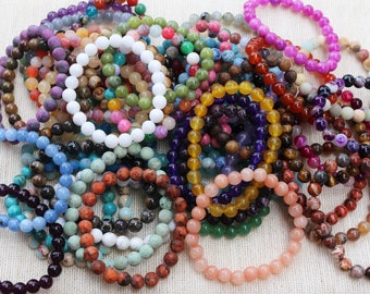 8mm Mix Random Color (10 Bracelets) Round Natural Genuine Gemstones Stretchy Bracelets, Birthstone Handmade Healing Power Beads