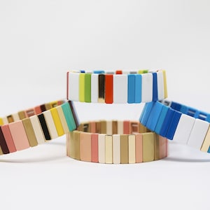 16mm Large Tila Tile Stretchy Bracelet- Multicolor Stack- 7.5- Wholesale Pricing Enamel Tile Beads