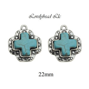 22mm Antique Silver Green Howlite Turquoise Lead Free Pewter Cross Charm (2 Pieces per Order)