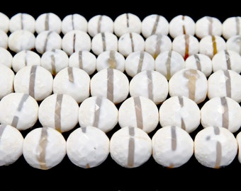 White Tibetan Agate Faceted Round Gemstone Bead Strand (15 inches long)