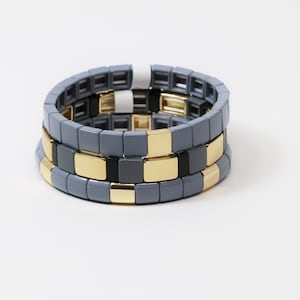 Large Tila Tile Stretchy Bracelet- Gold, Black and Gray Stack- 7.5- Wholesale Pricing Enamel Tile Beads