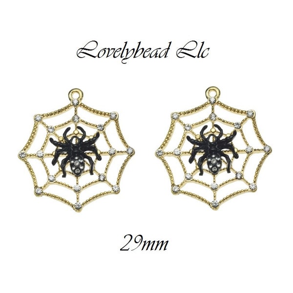 29mm Gold Lead Free Pewter Spider Web with Rhinestones Charm, Halloween Spider Web Charm (2 Pieces per Order)