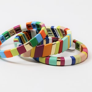 Large Tila Tile Stretchy Bracelet- Multicolor Stack- 7.5- Wholesale Pricing Enamel Tile Beads