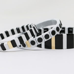 Large Tila Tile Stretchy Bracelet- Black/White Stack- 7.5- Wholesale Pricing Enamel Tile Beads