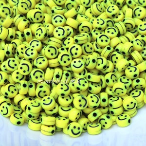 4x7mm - 100 pcs Yellow Happy Smiley Face Acrylic Bead, Round Smiling Beads, Acrylic Smile Emoji Face Beads