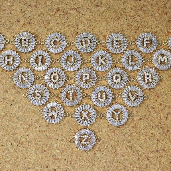 21mm Small Gold Alphabet Letter Connector with CZ Rhinestones,  Pave CZ Crystal Alphabet Letter Round Connectors For Bracelet Jewelry Making
