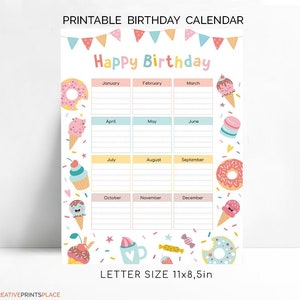 Calendario de feliz cumpleaños de donas de helado, planificador de cumpleaños para niños, rastreador de cumpleaños de clase, descarga instantánea A4, A3, tamaño de carta, lista de cumpleaños