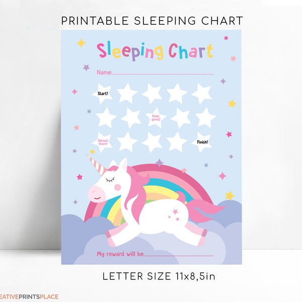 Girls Unicorn Sleeping Chart, Printable Sleep Sticker Chart, Sleep Tracker Reward Chart, Toddler Bedtime Chart, Kids Sleeping Chart