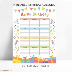 Calendario de feliz cumpleaños para niños imprimible, rastreador de cumpleaños de clase, descarga instantánea A4, A3 y tamaño carta, planificador de cumpleaños, lista de cumpleaños