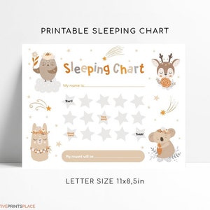 Afdrukbare boho-dieren sticker slaapgrafiek, welterusten grafiek voor jongens en meisjes, instant download, peuter verblijf in bed grafiek