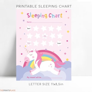 Printable Unicorn Pink Sleeping Chart, Good Night Chart For Girls, Bedtime Night Chart For Girls,