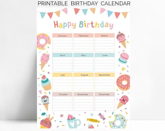 Ice Cream Donuts Happy Birthday Calendar, Kids Birthday Planner, Class Birthday Tracker, Instant Download A4, A3, Letter Size, Birthday List