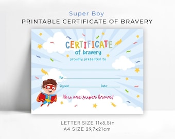 Super Hero Boy Certificate of Bravery: Printable Brave Kid Award (Instant Download)