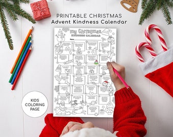 May include: A black and white printable Christmas Advent Kindness Calendar with the text "my Christmas KINDNESS CALENDAR" and "KIDS COLORING PAGE". The calendar is being colored with a pink pencil. Colorful pencils and Christmas decorations are in the background.