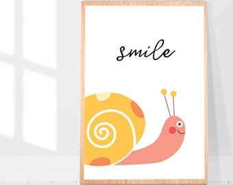 Snail Smile PrintableHello Kids Print, Pink, Orange, Printable Smile Poster, Cute Animal Nursery Art, Typography poster, Playroom wall art