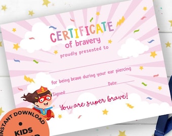 Superhero Girl Ear Piercing Certificate of Bravery: Printable Reward (Instant Download)