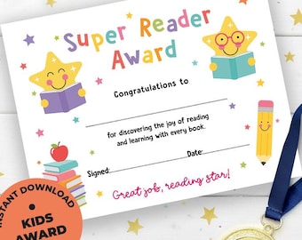 Super Reader Award Certificate, Reading Achievement Reward (Digital Download)