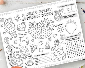 Berry Sweet Birthday Placemat for Kids Activity Sheet | Strawberry Party Coloring & Activities Printable
