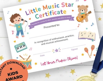 Little Music Star Diploma for Boys, Piano Lesson & Recital Achievement