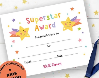 Printable Superstar Award Certificate: Kids School Achievement (Digital Download)