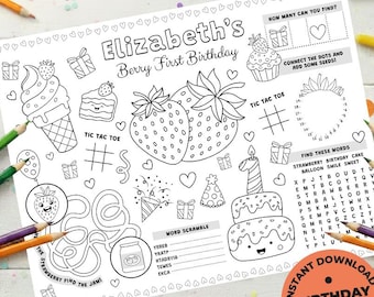 Personalized Berry Party Placemat for Kids | Printable Table Activity | Strawberry Party Favor Coloring Page