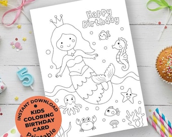 Printable Mermaid Birthday Card: DIY Coloring Page for Kids (Digital Download)