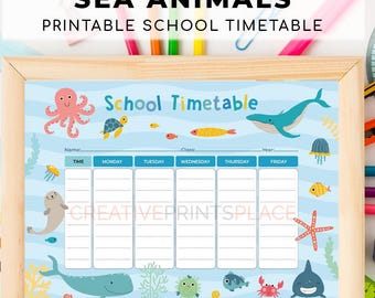 Printable Sea Animals School Timetable, Kids Homework Planner (Digital Download)
