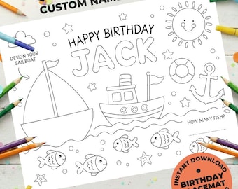 Personalized Boat Birthday Placemat, Nautical Coloring Activity — A4 & US Letter | Printable Kids Party Activity