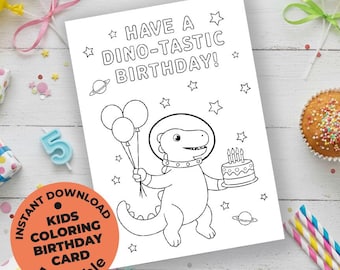 Printable Dinosaur Birthday Coloring Card: Outer Space Theme (5x7 Card)