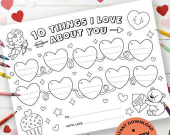 10 Things I Love About You Printable | Valentine's Day Kids Activity | Coloring Worksheet