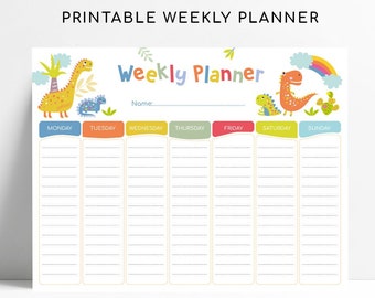 May include: A printable weekly planner with a colorful dinosaur theme. The planner includes sections for each day of the week, with a space to write the name. The planner is letter size, 11x8.5 inches.