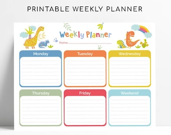 May include: Printable weekly planner with a colorful dinosaur theme. The planner includes sections for each day of the week, with a space to write the name. The text "Printable Weekly Planner" is at the top. The size is 11x8.5 inches.