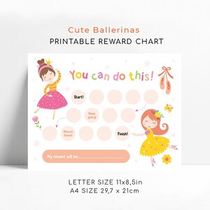 May include: Printable reward chart featuring two ballerinas, one in a pink dress and the other in a yellow dress. The chart has 15 circles for tracking progress, with encouraging phrases like "Start!" and "Finish!" The text "You can do this!" is at the top of the chart.