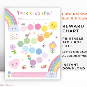 Afdrukbare beloningskaart regenboog zonnebloemen, stickerkaart meisje, directe download beloningskaart, beloningskaart voor peuter, zindelijkheidstraining