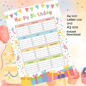 Printable Kids Happy Birthday Calendar, Class Birthday Tracker, Instant ...