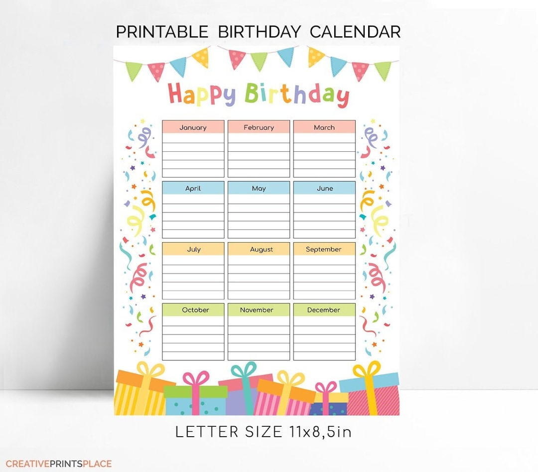 Printable Kids Happy Birthday Calendar, Class Birthday Tracker, Instant ...