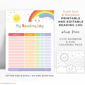 Printable Kids Reading Log, Reading Log For Kids, Kids Reading Journal, Reading Chart, Sun Rainbow Reading List PDF, Digital Download