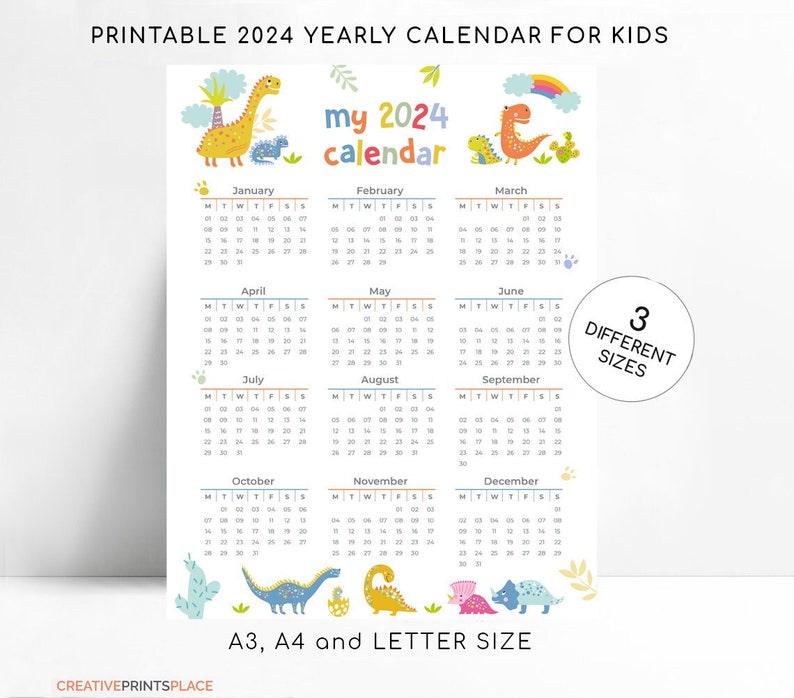 PRINTABLE Cute Dinosaur Calendar 2024, Kids Yearly Wall Calendar