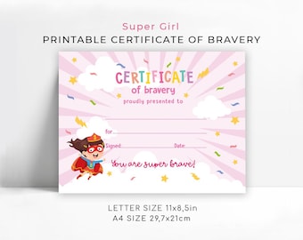 Super Hero Girl Certificate of Bravery: Printable Brave Girl Award (Digital Download)