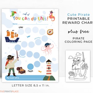 May include: Printable pirate reward chart featuring a colourful illustration of a pirate ship, a lighthouse, and an octopus. The chart includes a game board with circles to colour in as a reward for completing tasks. The chart is 8.5 x 11 inches.