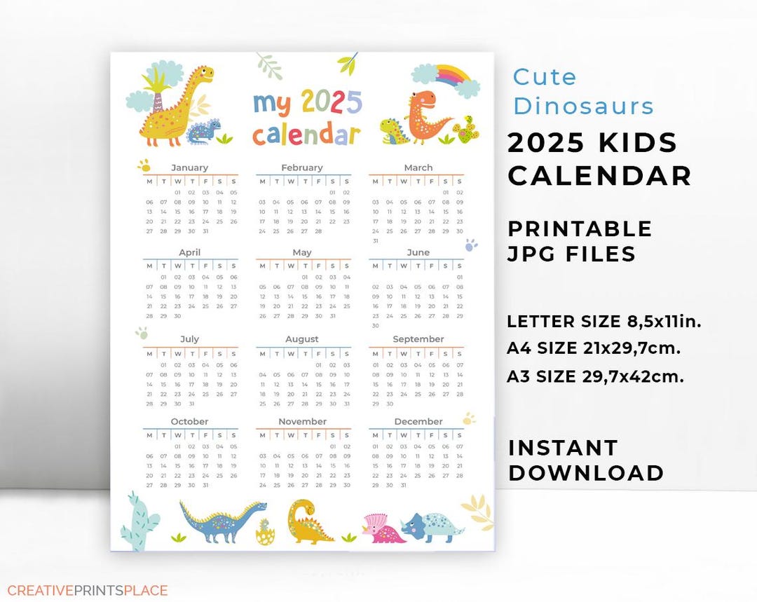 PRINTABLE Cute Dinosaur Calendar 2025, Kids Yearly Wall Calendar, Dinosaur One Page Calendar, A3, A4, Letter Size, Monday Start, Vertical - Etsy
