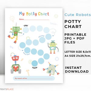 Peut inclure: Un tableau de propreté imprimable sur le thème des robots mignons. Le tableau présente un chemin de cercles bleus, des illustrations de robots et le texte "My Potty Chart". Comprend les formats Letter 8,5x11 pouces et A4 21x29,7 cm.