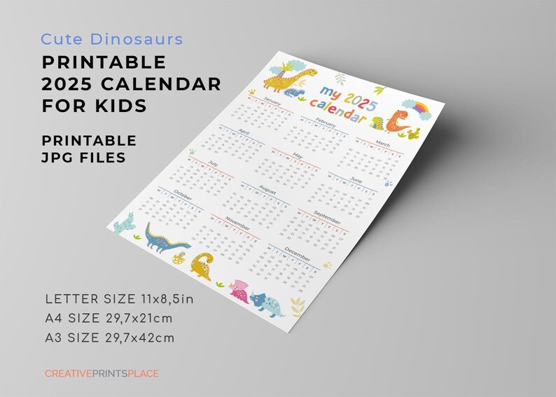PRINTABLE Cute Dinosaur Calendar 2025, Kids Yearly Wall Calendar ...