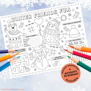 May include: Black and white printable winter activity placemat with the text "WINTER FRIENDS FUN". Includes a maze, word scramble, tic-tac-toe, and find-a-word game. Colored pencils are in the foreground.