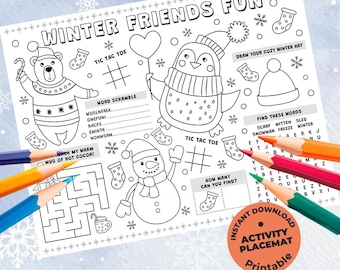 Winter Friends Fun Coloring & Activity Placemat For Kids – Instant Download